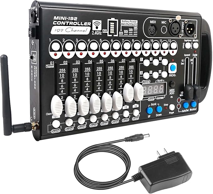 Battery DMX Controller Wireless with MIDI, DMX Board 512 Light Controller for Dj Lights, Dmx512 Lighting Console 192ch with Built-in Battery for Control Stage Light