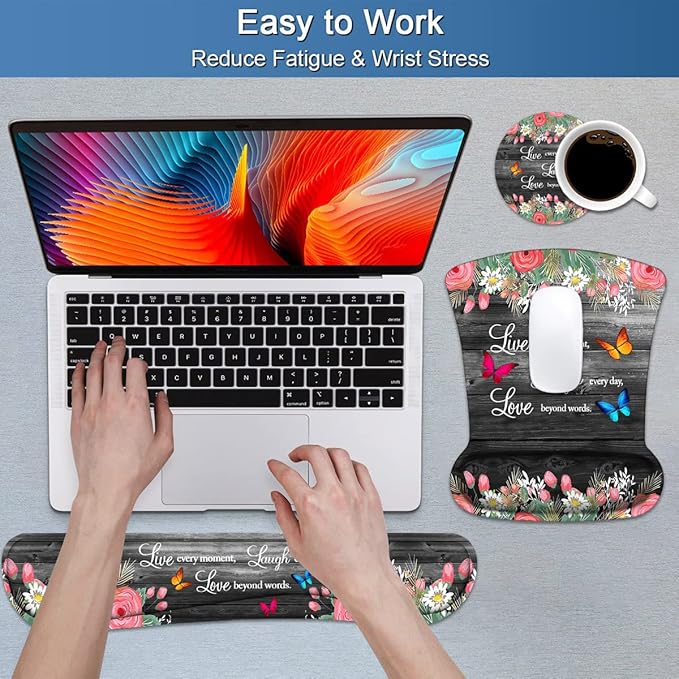 Keyboard Wrist Rest and Mouse Pad Wrist Support Set with Coasters, Non-Slip PU Base Ergonomic Gaming Mousepad for Home Office Working Studying Easy Typing & Pain Relief, Floral Quote Live Laugh Love