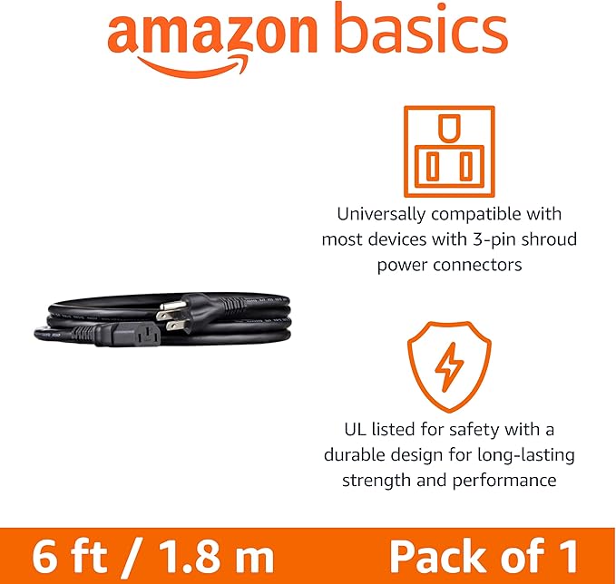 Amazon Basics PC Power Cord, 6 feet, AC Power Cord for Monitor, Computer, TV, 3 Prong, 18 AWG, 125 Volts, Black