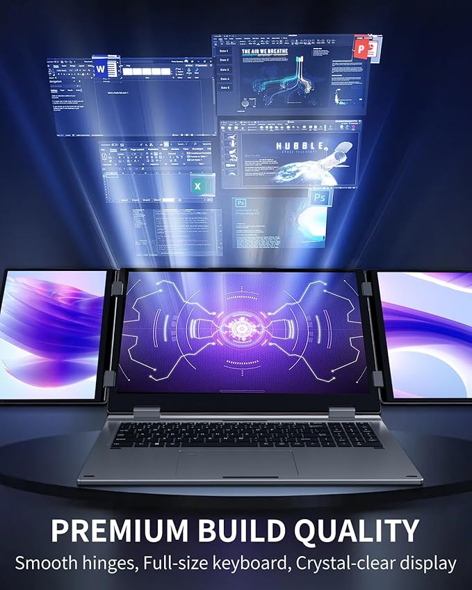 KOOFORWAY Triple Screen Laptop,16” Main + Dual 10.5” Monitors, Core i7-12700H, 32GB RAM,2TB SSD, Win 11 Pro,Wi-Fi 5,BT 5.0,Face & Fingerprint Unlock,USB-C,HDMI for Business/Design/Stock Trading