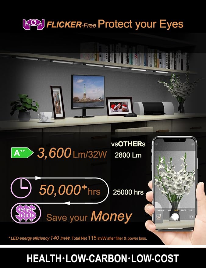 EBD LED Shelf Lights for Bookshelf Display Case Kitchen Counter Bar 4-Way 48” Splitter Parallel Under Cabinet Lighting Built-in Adjustable Cable 8 Panels 3600Lm 4500K Energy Closet Light