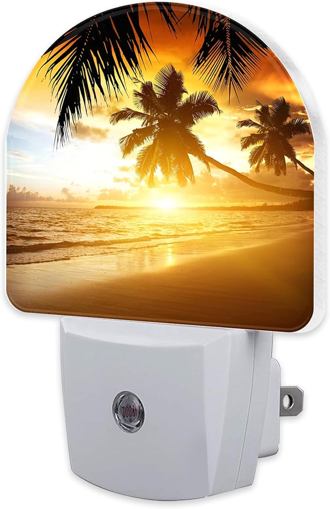 sndheke Tropical Ocean Beach Night Light, Palm Trees at Sunset Dusk to Dawn Night Light Plug in,0.5w Energy Saving Sleep Friendly NightLight for Kids Boys Girls Home Decor