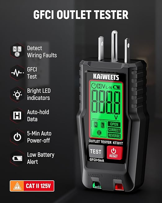KAIWEETS Electrical Test Kit, Non-Contact Voltage Tester and GFCI Outlet Tester with LCD Display, Wiring Fault Checker, Outlet Tester Kit for Electrician, DIY, 2-Piece