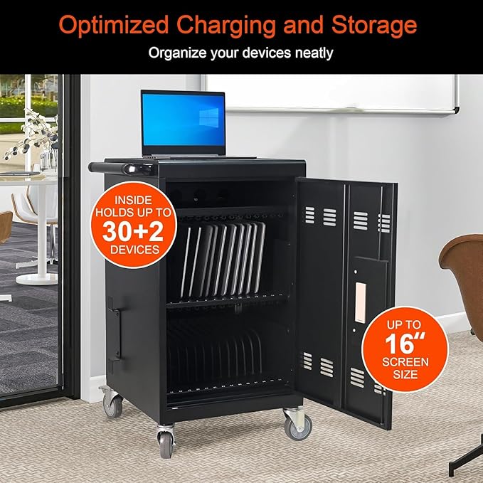 Aokleo 32 Devices Laptop Charging Cart with Password Lock,Tablet Storage Carts for Pad Up to 16.3" Screen,Classroom Computer Mobile Charging Station for Pads,Chromebooks,Laptops(Black - Password Lock)