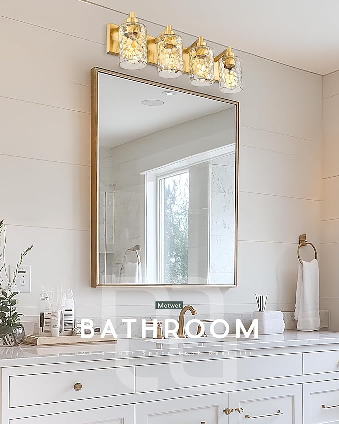 METWET 4-Light Bathroom Light Fixtures, 24.5 Inch Brushed Gold Vanity Lights with Clear Hammered Glass Cylinder Shade, Modern Vanity Lighting Fixture Over Mirror, VL198-BG-4
