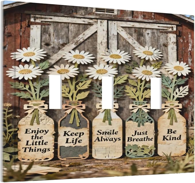 Bvtewkhz Rustic Daisy Barn Door Flowers 3 Gang Triple Toggle Decorative Light Switch Covers Electrical Faceplate Switch Plates for Bathroom Kitchen Home