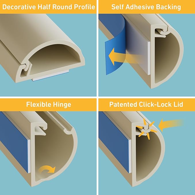 D-Line 31.4in TV Cord Hider, Patented Half Round Cable Cover, Hide Wall Mount TV Wires, Hinged One-Piece Cable Concealer, Adhesive, Decorative Raceway - 2X 0.78in W x 0.39in H x 15.7in L - Beige