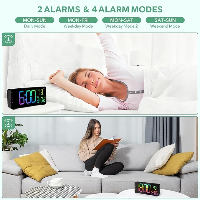 EVILTO Digital Alarm Clocks for Bedrooms, RGB Desk Clock with 15 Color Display, Date Temperature and Weekday, DST, Snooze, 2 Alarms, Ambient Lighting for Living Room, Bedside Office Gaming Desk Decor