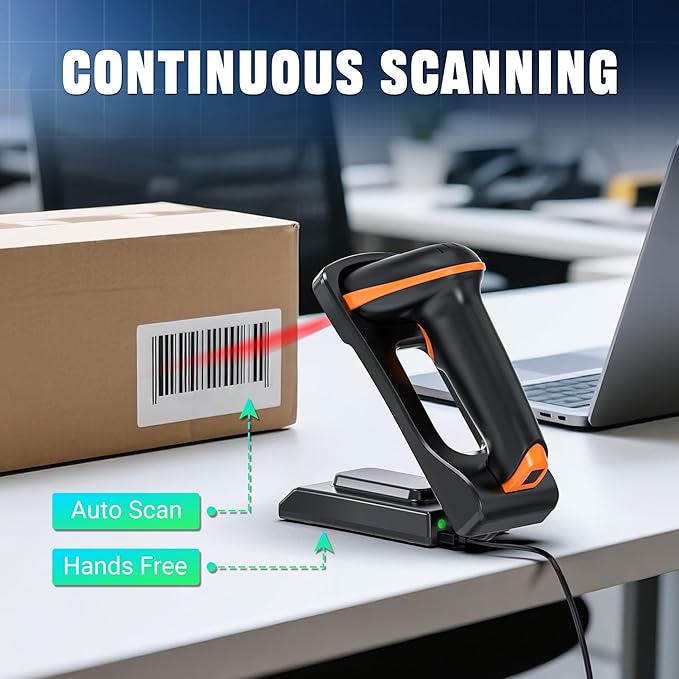 Tera 1D 2D QR Barcode Scanner with Adjustable Folding Stand and Charging Cradle, Wall Mountable 2.4G Wireless & USB 2.0 Wired QR Bar Code Reader with Vibration Alert Model D5100-Fold