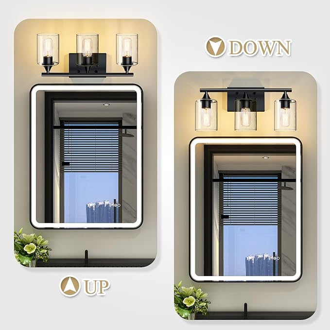 XPEHK Bathroom Lighting Fixtures Over Mirror,3-Light Black Bathroom Vanity Light,Sconces Wall Lighting with Clear Glass Shade,Light Fixture for Bedroom Living Room Vanity Table Hallway