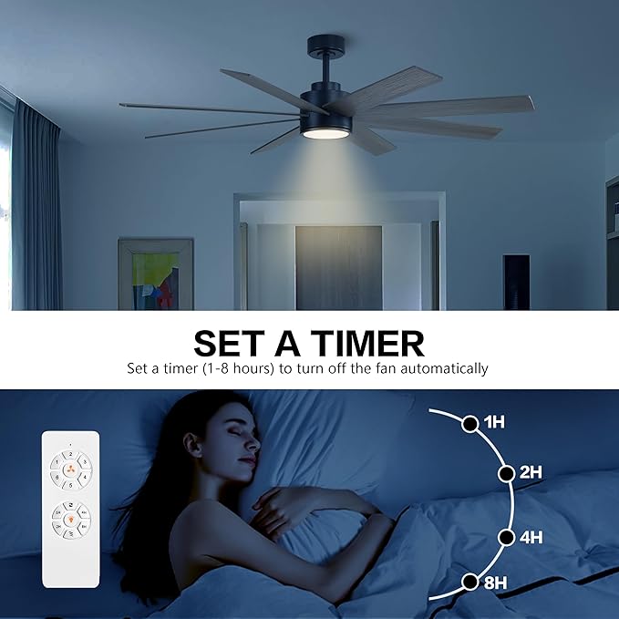 WINGBO 72" Large DC Ceiling Fans with Lights and Remote, 3 Downrods, 8 Plywood Blades, 6-Speeds Reversible DC Motor, 3CCT, Indoor Ceiling Fan for Bedroom Living Room Patio, Black and Gray