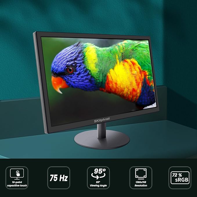 SKitphrati 18.5 Inch Touchscreen Monitor HD 1366x768, VESA Wall Mountable, 10-Points Computer Touch Screen PC Display with Type-B HDMI VGA Port, 75Hz Desktop Touch Display, Black