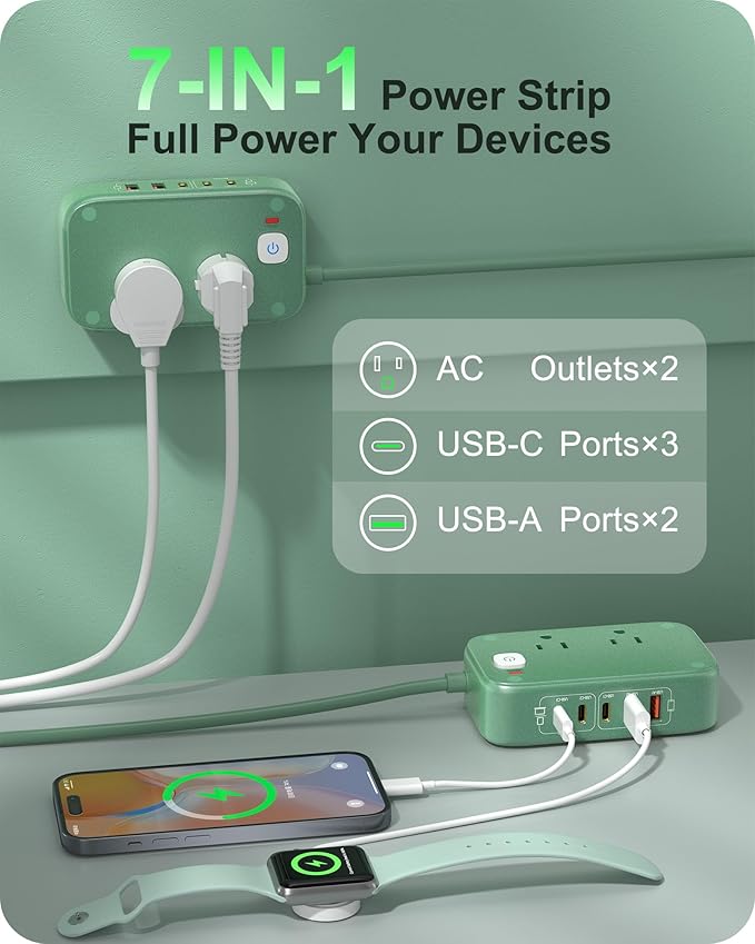 KWRNVO 7-IN-1 Power Strip, 85W PD USB C Power Strip, Desktop Charging Station Outlet Extender with 2 AC Outlets, 3 USB-C and 2 USB-A Ports for Laptop/Phone and More
