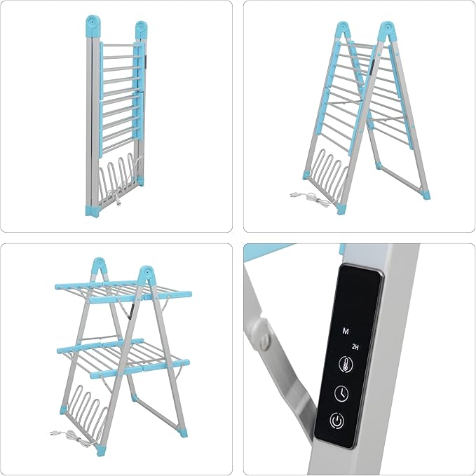 SHARNDY Electric Heated Clothes Drying Rack,Foldable Heated Garment Dryer with Timer Shut-Off Laundry Rack for Clothes Shoes Socks,Aluminum Alloy,Blue,Plug & Play,(39.37x25.98x23.82in)