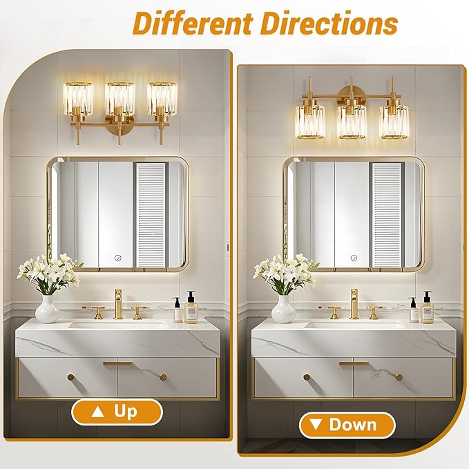 EJIAXIN Bathroom Lighting Fixtures, 3 Light Gold Bathroom Light Fixtures with Clear Shades Modern Crystal Vanity Light Bath Room Vanity Lighting Over Mirror Wall Light