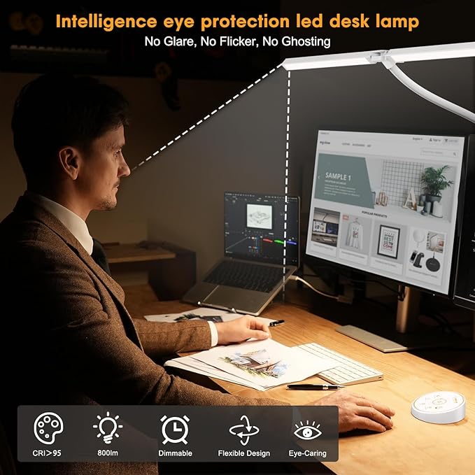 Pzloz Led Desk Lamp for Office Home - Eye Caring Architect lamp with Clamp,Dual Screen Computer Monitor Work Smart Light: 24W 5 Color Flexible Adjustable Lighting Table Lamp for Study Drafting Beige
