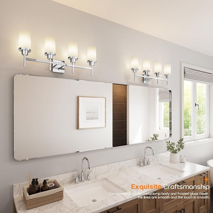 AONEON 4-Light Vanity Lighting Fixtures with White Frosted Glass Shade, Polished Chrome Bathroom Wall Lamps Over Mirror for Bath Restroom Kitchen T001CH-L4