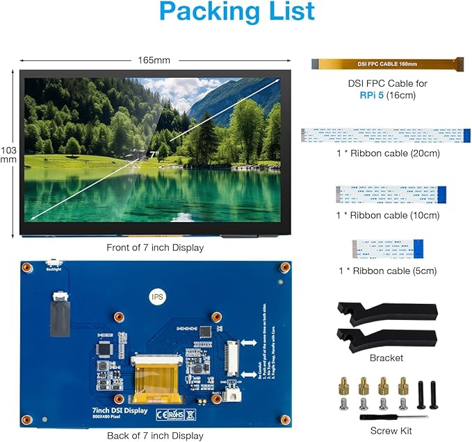 Hosyond 7 Inch Touchscreen IPS DSI Display Compatible with Raspberry Pi 5/4/3, 800x480 Pixel Capacitive Screen MIPI Driver-Free Interface