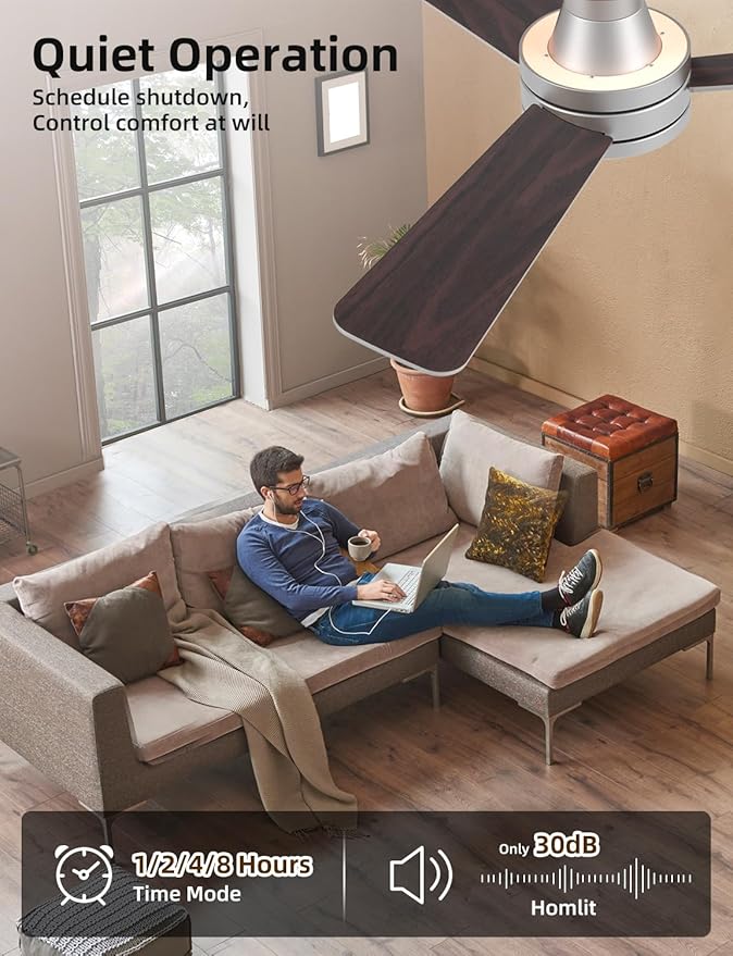 Homlit 42" RGB Ceiling Fan with Light, Music Sync Smart Fan with Alexa/Google/App Control, Low Profile Flush Mount, 6-Speed Quiet DC Motor, 4 CCT Dimmable Lighting for Bedroom Living Room, Silver