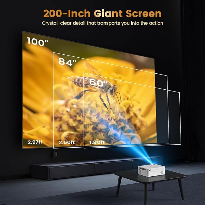 Mini Projector, H5 Portable Video Projector with WiFi & Bluetooth, Movie Projector Supports 8K with Android System, Auto Keystone Correction, 40"-200" Screen Video Projector, with HDMI Cable