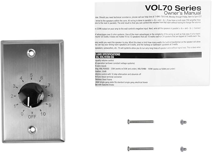 Rockville VOL7035 SS 35 Watt 70v Wall Volume Control Zone Controller, Stainless Steel, 12-Step Attenuation, Euro-Block Connector, for Commercial Audio Systems
