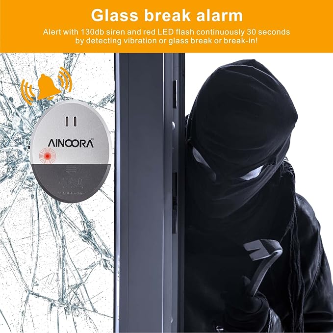 Window Alarm Sensors 4 Pack, Glass Break Sensor 130DB Loud Window Vibration Alarms, Burglar Intruder Entry Detector for Indoor Home Office Apartment & RV Security