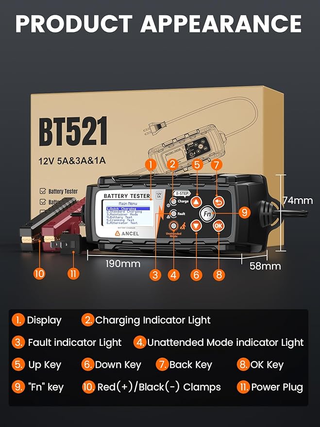ANCEL BT521 4-in-1 Car Battery Charger, Tester, Maintainer and Desulfator for 12V Lead-Acid Batteries, 5A Smart Trickle Charger with Overcharge Protection & Temperature Compensation, LCD Display