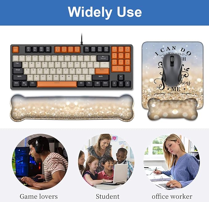 Keyboard Wrist Rest + Mouse Pad Wrist Support Set with Coasters, Non-Slip PU Base Ergonomic Mousepad for Home Office Working Studying Easy Typing & Pain Relief, Bible Verse Phil 4:13