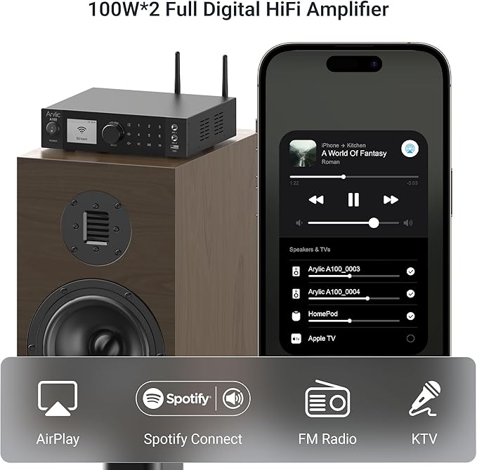 Arylic A100 Wireless Full Digital HiFi Amplifier with FM Radio, 100W×2 WiFi & Bluetooth Audio Receiver, Supports AirPlay, Spotify Connect,Multiroom, Ideal for KTV, Home Theater, and Broadcasting.