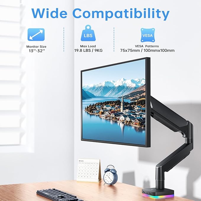 RGB Single Monitor Stand, Gas Spring Monitor Arm with 3 USB Ports, Charging and USB Data Transfer Function, Desk Mount for 13"-32" Monitors up to 19.8lbs, Adjustable Height, Tilt, Swivel, Rotate