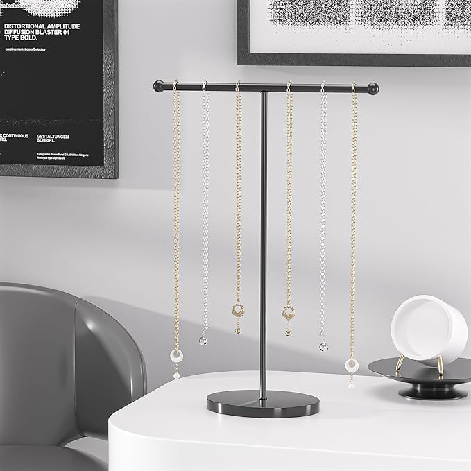 Justsoso Metal T-Bar Necklace Holder Stand, Necklace Hanging Display Stand, Tabletop Jewelry Organizer Stand for Necklace Bracelet Earring Display (Black With Solid Acrylic Base)