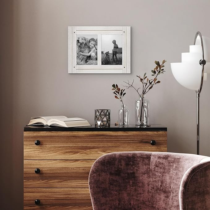 Americanflat Hinged 5x7 Double Picture Frame with 2 Photo Openings and Polished Glass - Distressed Wood Collage Picture Frames for Tabletop and Wall Display - Hampton Collection - Aspen White