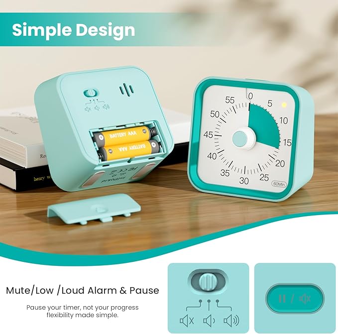 InfPokid Visual Timer for Kids with Pause Function, 60 Minute Countdown Timer for Kids Desk Study, Teaching, Kitchen Cooking, Office Meetings, Time Management for ADHD (Green)