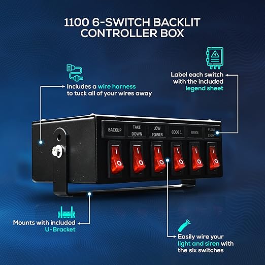 Ultra Bright Lightz 1100 6-Switch Backlit Controller Box | Emergency Vehicle Strobe Warning Lights | Siren | Speaker