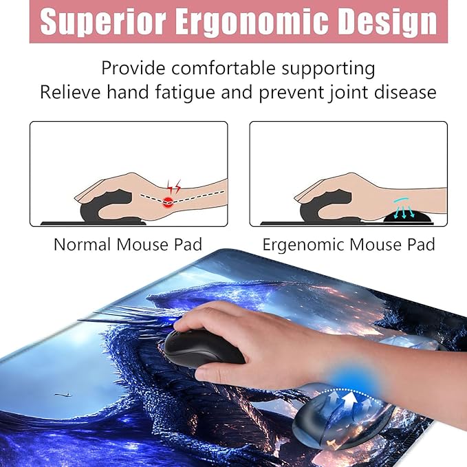 BFUKVOU Large Keyboard Mouse Pad Set, Extended Mouse Pad+Keyboard Wrist Rest Support, Memory Foam Ergonomic Easy Typing, 4Pcs (31.5×11.8 in) Desk Pad Set for Office Home,Fantasy Dragon