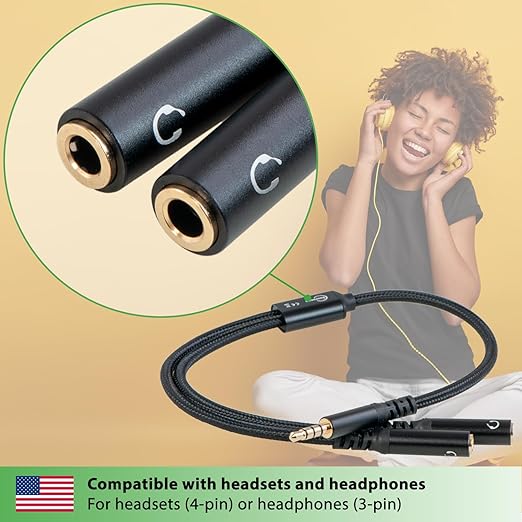 fouraces AUX y Splitter - 4 Pole, Adapter Cable Very Short - 1 ft - 3.5 mm - 2 Headphone Connections for PC, PS4, Microphone - Jack Crossover, Audio Splitter for Two People