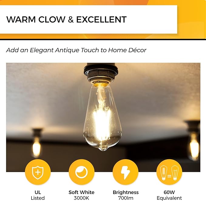 Hizashi Vintage LED Edison Bulb Dimmable, 6W Equivalent 60W, 3000k Soft White, E26 Base Led Light Bulbs, 700LM, UL Listed, High CRI 95+ Eye Protection, Clear Glass, Pack of 12