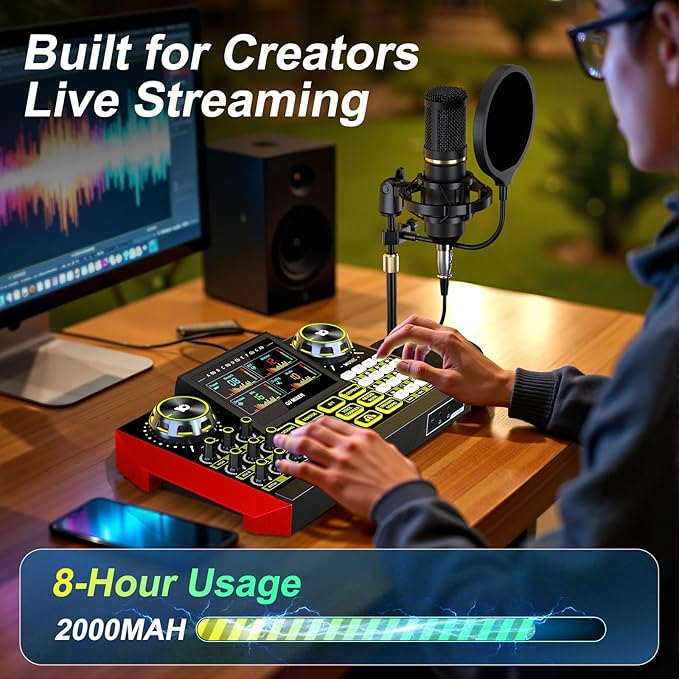Podcast Microphone Bundle with Live Sound Card Audio Mixer, Podcast Equipment Bundle Sound Board with 3.5mm Condenser Microphone for Pc/Phone Live Streaming Singing Gaming,Voice Changer, Denoise