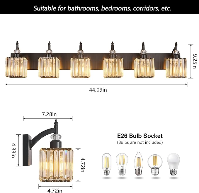 BBLLWJ Crystal Vanity Lights - Black, 6 Light Bathroom Vanity Light with Crystal Fixture, Modern Style for Bathroom Mirror