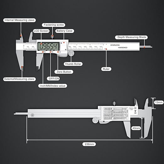 Digital Calipers, Caliper Measuring Tool with Large LCD Screen, Stainless Steel Micrometer Caliper Digital, Auto-Off Feature, Screen Splash Proof, Switch from Inch Metric Fraction (6Inch/150mm)