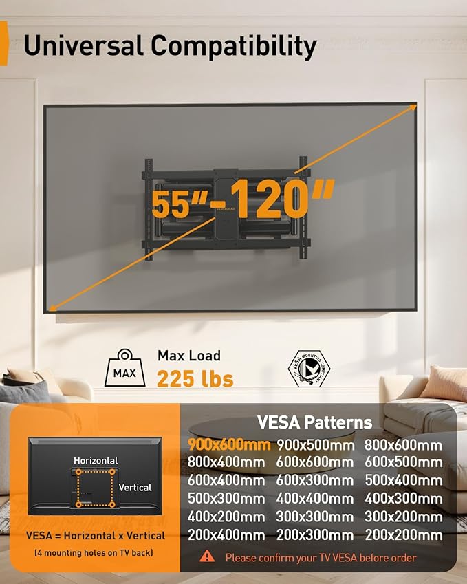 Perlegear Long Arm Full Motion TV Wall Mount for 55–120 inch TVs up to 225 lbs, Pre-Assembled TV Mount with Long Extension, Swivel & Tilt, Fits 16″/18″/24″ Wood Studs, Max VESA 900x600mm, PGXLF03B