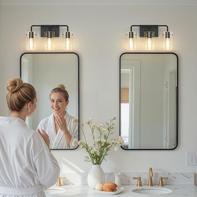 L LOHAS LED 3-Light Bathroom Light Fixtures, 17.71" Black Bathroom Vanity Light with Straight Glass Shades, Modern Vanity Lights for Bathroom Light Fixtures Over Mirror Living Room Hallway, E26, ETL