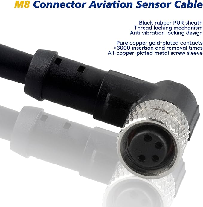 Lonlonty M8 Connector Aviation Sensor Cable - Female 4 Pin Right Angle 6.5Ft/2M Aviation Socket Shielded Electrical Cable for Industrial Automation Control,Fieldbus Module,Device Network