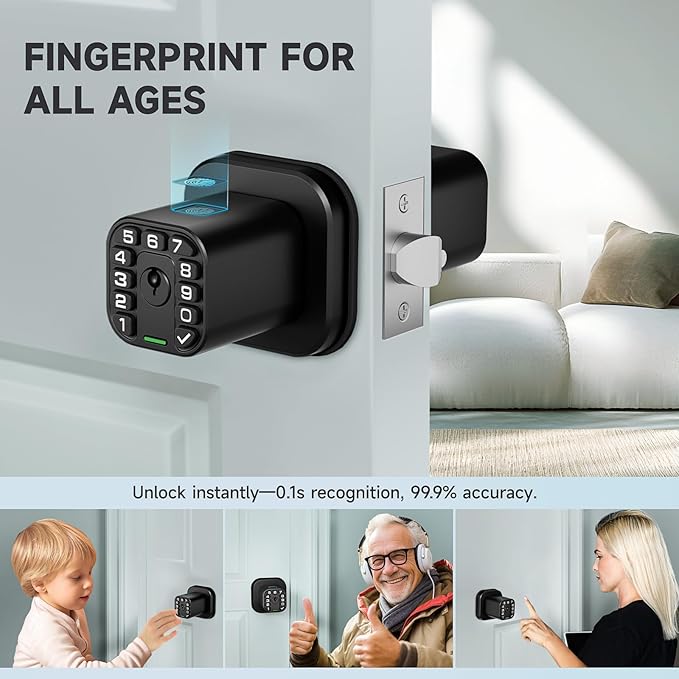 Richelock Fingerprint Door knob, Smart Biometric Door Lock with Keypad, Keyless Entry Code Door Knob, Waterproof & Weatherproof, Auto Lock,Voice Navigation, for Bedroom, Gate,Office -Matte Black