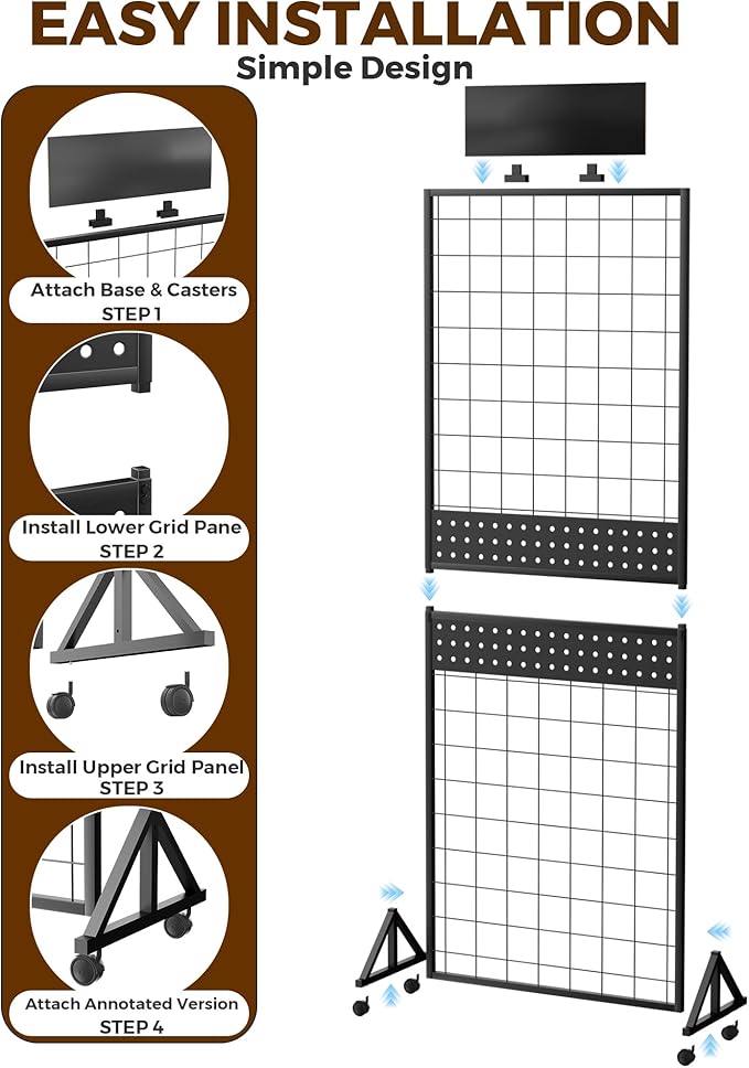 DEMEGA 6' x 2' Ft Grid Wall Panel, Pegboard Gridwall Display Stand with Notice board, Sturdy Floorstanding Wire Grid Rack, Movable Silent Wheel for Home Organization Retail Trade Art Craft Show Vendor