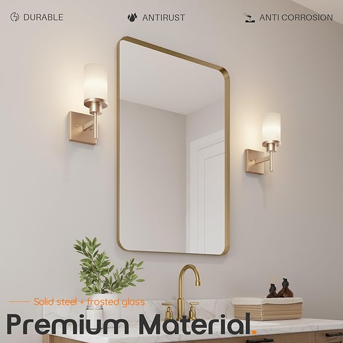 AONEON Vanity Lighting Fixtures with White Frosted Glass Shade, Champagne Bronze Wall Lamps for Bathroom Mirror Bedroom Living Room Porch, 2 Pack T001CPG-L1-P2