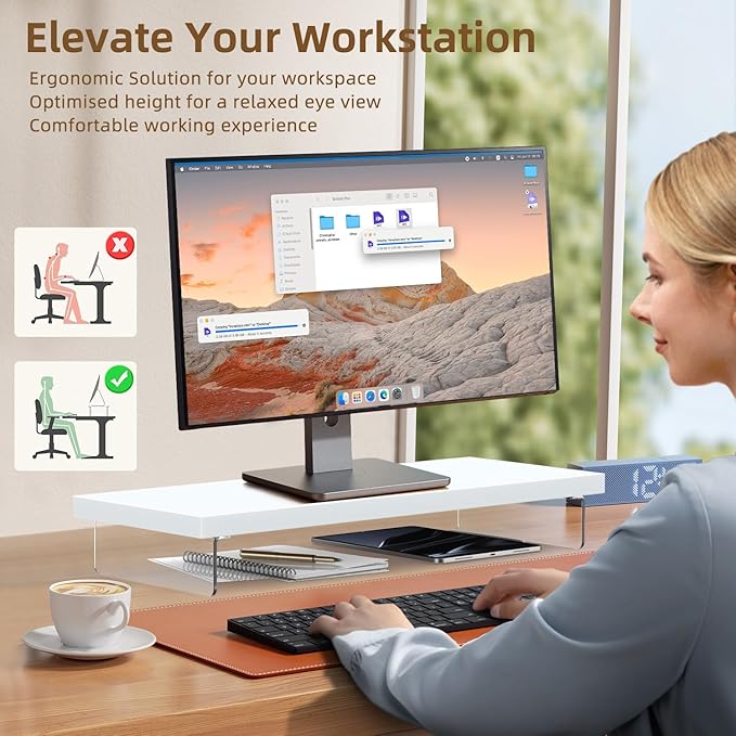 SSWOOD Monitor Stand Riser, Wood & Acrylic Computer Monitor Stand Desk Desktop Organizer Table for Home, Office Workspace, Laptop Riser, Printer, PC & TV Screen Riser