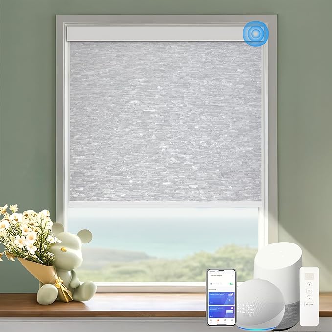 COOLWINDS Motorized Blinds with Remote Cordless Automatic Motorized Shades Custom Blinds for Windows Smart Curtains Compatible with Alexa Google Home(Blackout Jacquard Grey,W47 x H72in)