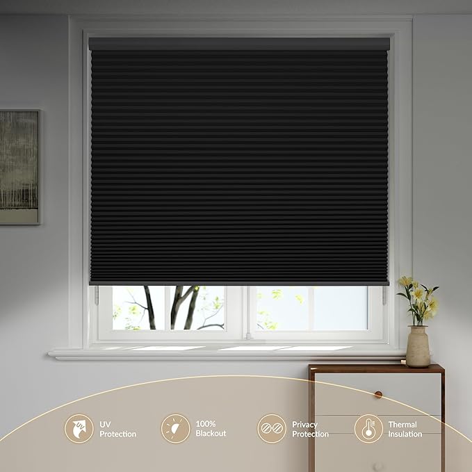 Boolegon Motorized Blinds with Remote, 100% Blackout Smart Blinds, Automatic Cellular Shades for Windows, Rechargeable Electric Honeycomb Shades for Home,Blackout Black,Custom Size