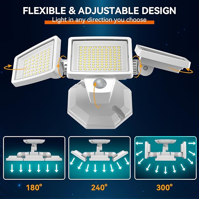 PURICH LED Security Lights Motion Sensor Outdoor Lights, 5000K Daylight, IP65 Waterproof, Dusk to Dawn, 3-Head Motion Detected Flood Light for Garage, Yard, Porch, White, 2 Pack
